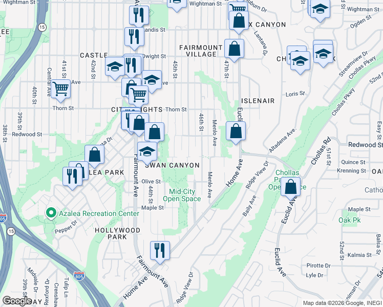 map of restaurants, bars, coffee shops, grocery stores, and more near 3015 Chamoune Avenue in San Diego