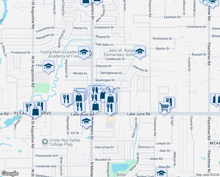 map of restaurants, bars, coffee shops, grocery stores, and more near 1483 Old Jamestown Court in Dallas