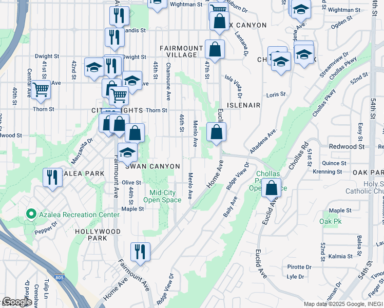 map of restaurants, bars, coffee shops, grocery stores, and more near 3030 Menlo Avenue in San Diego