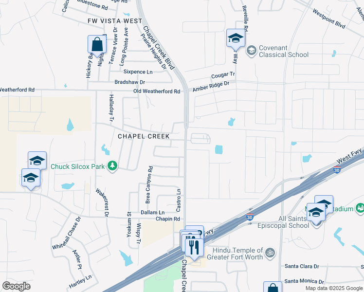 map of restaurants, bars, coffee shops, grocery stores, and more near 10200 Eureka Springs Court in Fort Worth