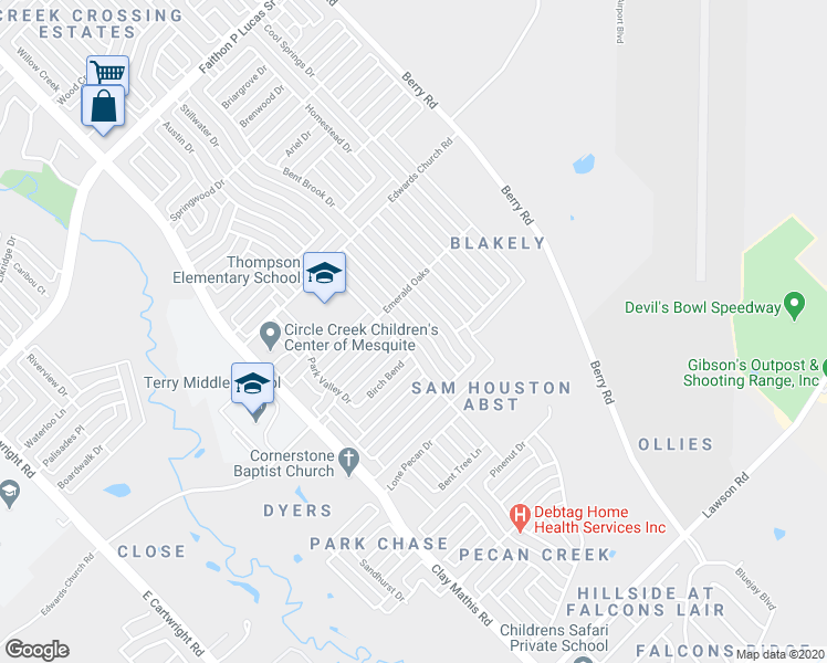 map of restaurants, bars, coffee shops, grocery stores, and more near 2721 Hidden Springs Drive in Mesquite