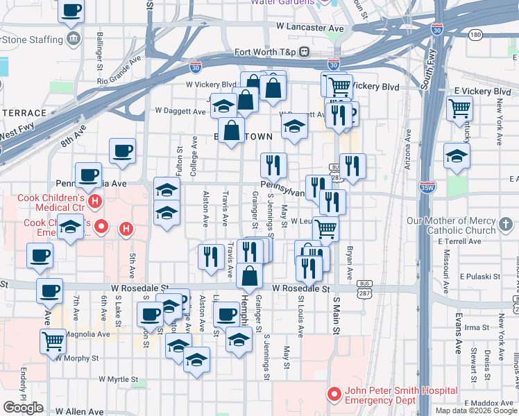 map of restaurants, bars, coffee shops, grocery stores, and more near 713 Grainger Street in Fort Worth