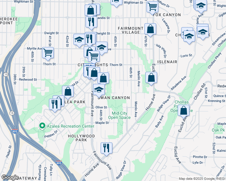 map of restaurants, bars, coffee shops, grocery stores, and more near 3027 45th Street in San Diego