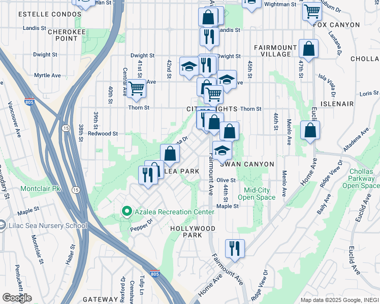 map of restaurants, bars, coffee shops, grocery stores, and more near 2931 1/2 Dahlia Street in San Diego