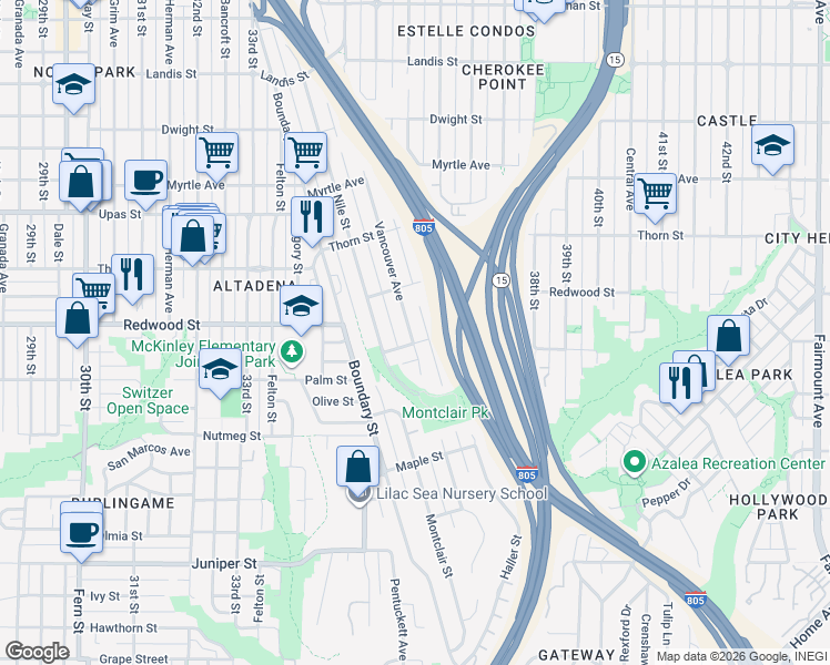 map of restaurants, bars, coffee shops, grocery stores, and more near 3034 Vancouver Avenue in San Diego