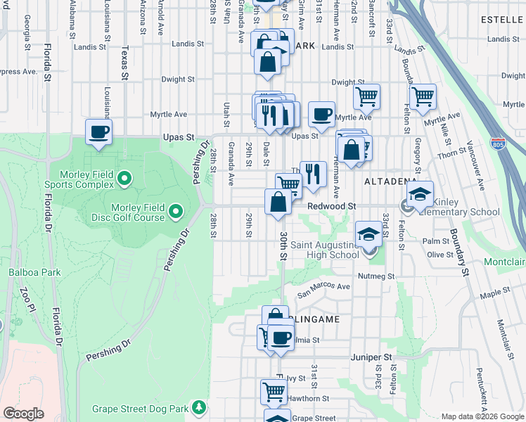 map of restaurants, bars, coffee shops, grocery stores, and more near 3104 Dale Street in San Diego