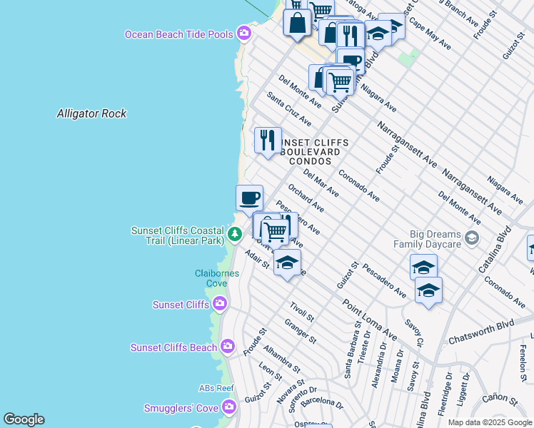 map of restaurants, bars, coffee shops, grocery stores, and more near 1479 Sunset Cliffs Boulevard in San Diego