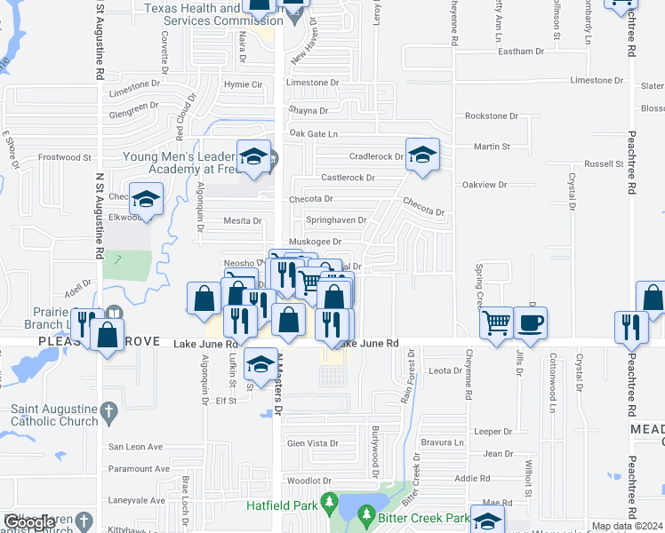map of restaurants, bars, coffee shops, grocery stores, and more near 1483 Old Jamestown Court in Dallas
