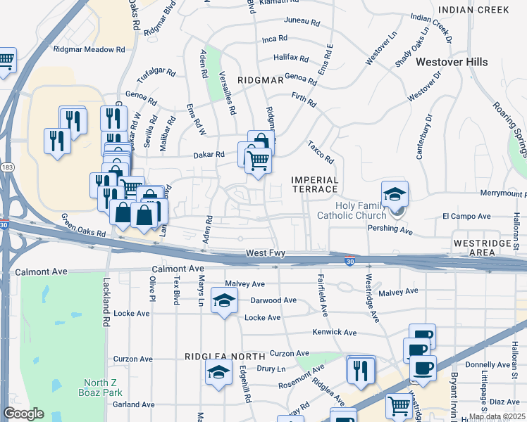 map of restaurants, bars, coffee shops, grocery stores, and more near 2204 Ridgmar Boulevard in Fort Worth