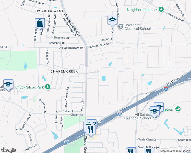 map of restaurants, bars, coffee shops, grocery stores, and more near 10100 West Freeway in Fort Worth