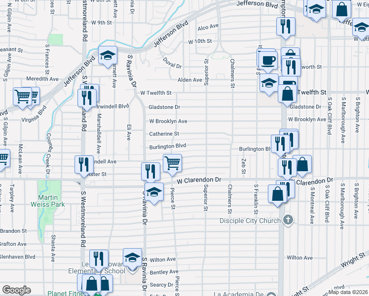 map of restaurants, bars, coffee shops, grocery stores, and more near 2742 Burlington Boulevard in Dallas