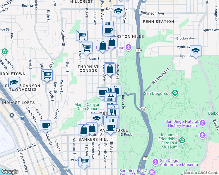 map of restaurants, bars, coffee shops, grocery stores, and more near 2855 Fifth Avenue in San Diego