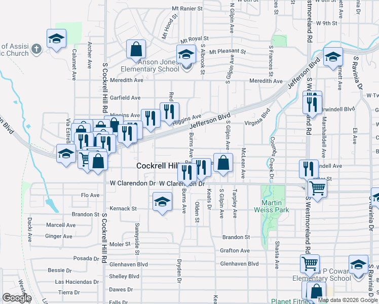map of restaurants, bars, coffee shops, grocery stores, and more near 3914 Dempster Avenue in Dallas