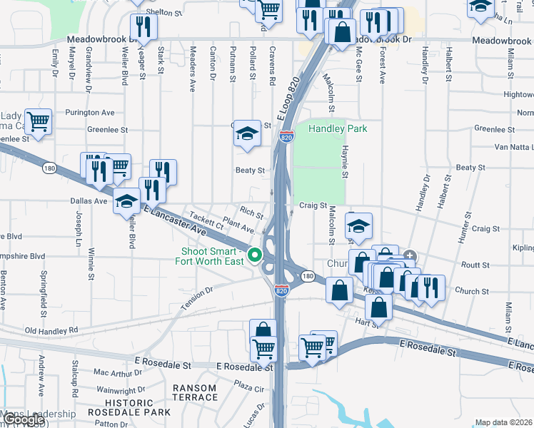 map of restaurants, bars, coffee shops, grocery stores, and more near 2900 East Loop 820 Service Road West in Fort Worth