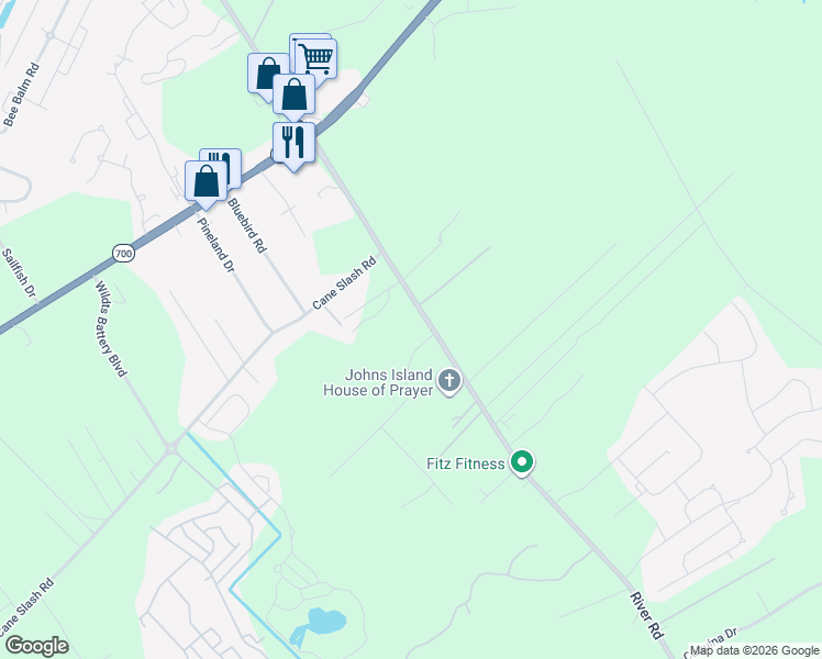 map of restaurants, bars, coffee shops, grocery stores, and more near 1948 River Road in Johns Island