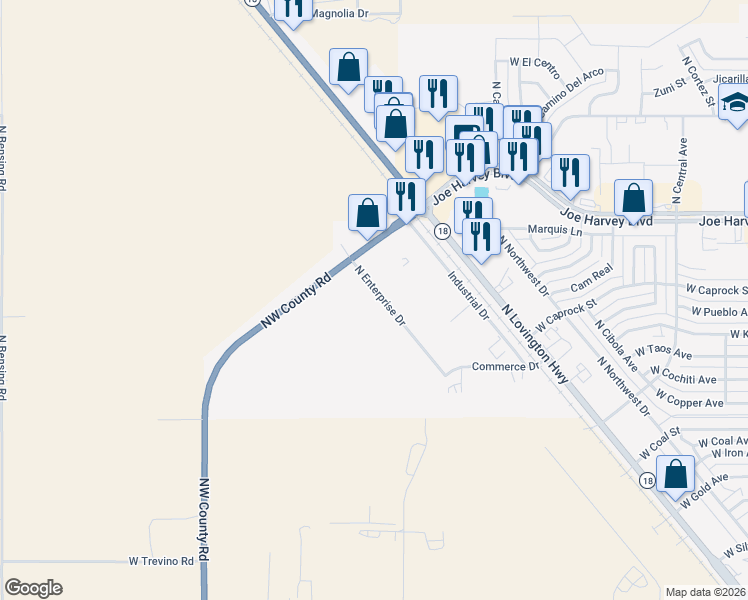 map of restaurants, bars, coffee shops, grocery stores, and more near 3405 North Enterprise Drive in Hobbs