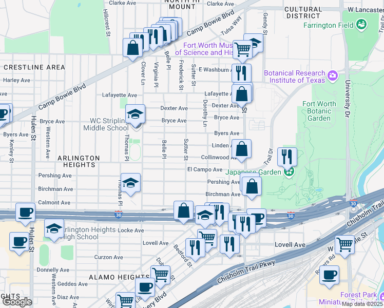 map of restaurants, bars, coffee shops, grocery stores, and more near 3817 Linden Avenue in Fort Worth