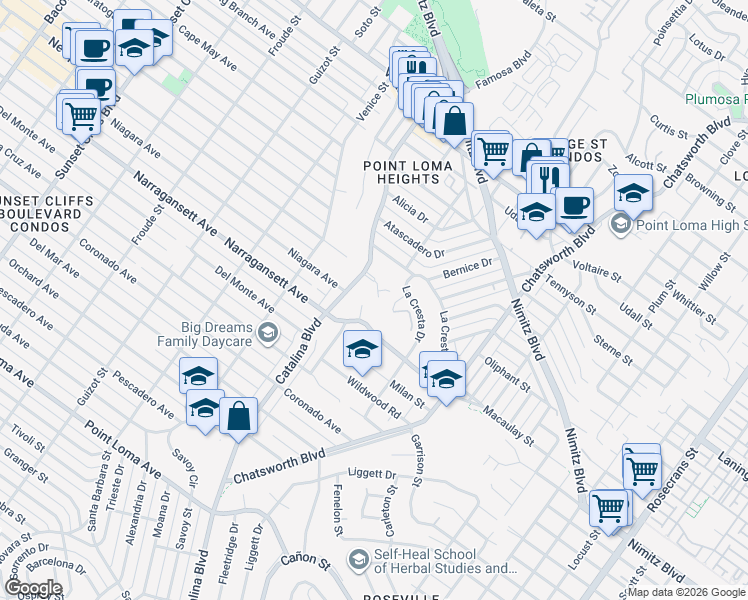 map of restaurants, bars, coffee shops, grocery stores, and more near 4117 Catalina Place in San Diego