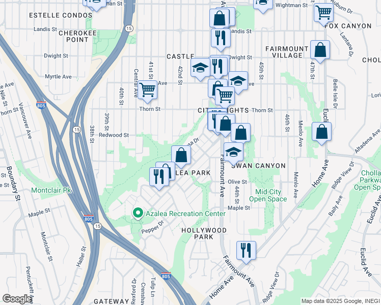 map of restaurants, bars, coffee shops, grocery stores, and more near 2931 Dahlia Street in San Diego
