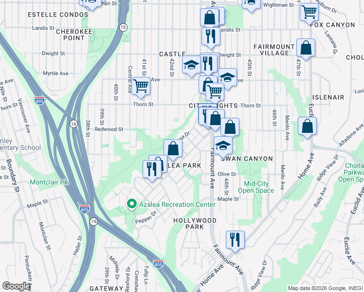 map of restaurants, bars, coffee shops, grocery stores, and more near 2931 Dahlia Street in San Diego