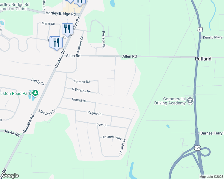 map of restaurants, bars, coffee shops, grocery stores, and more near 316 Browning Pointe Road in Macon