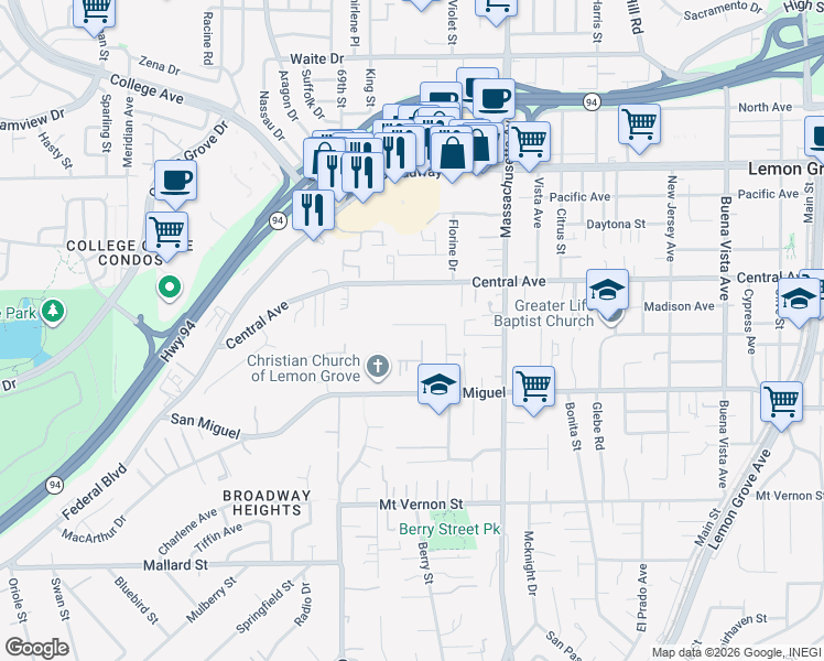 map of restaurants, bars, coffee shops, grocery stores, and more near 7033 Lemonwood Lane in Lemon Grove