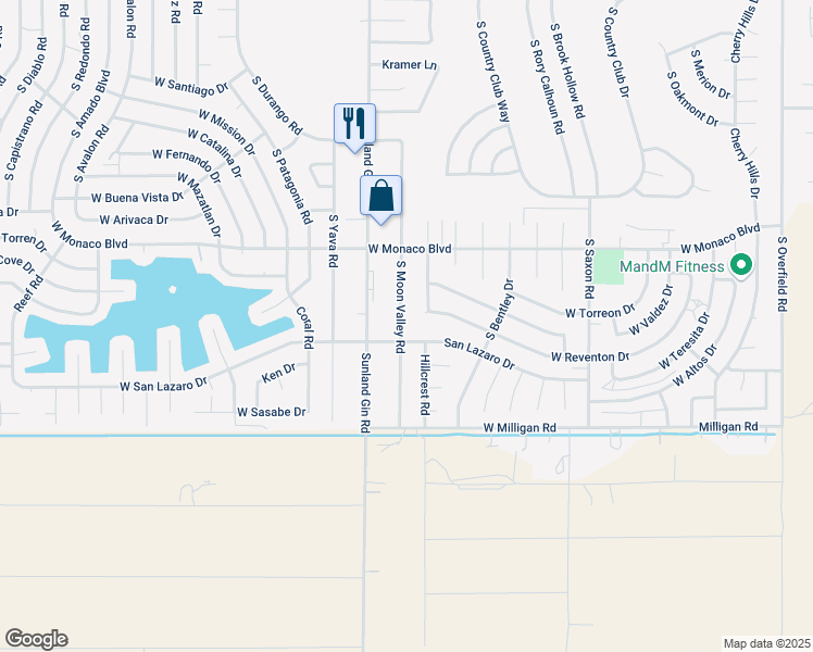 map of restaurants, bars, coffee shops, grocery stores, and more near 15707 South Moon Valley Road in Arizona City