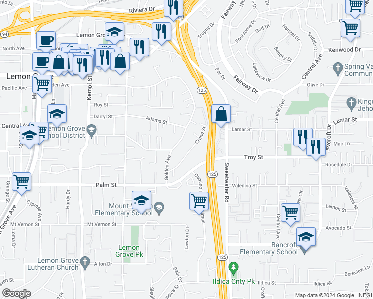 map of restaurants, bars, coffee shops, grocery stores, and more near 2956 Crane Street in Lemon Grove