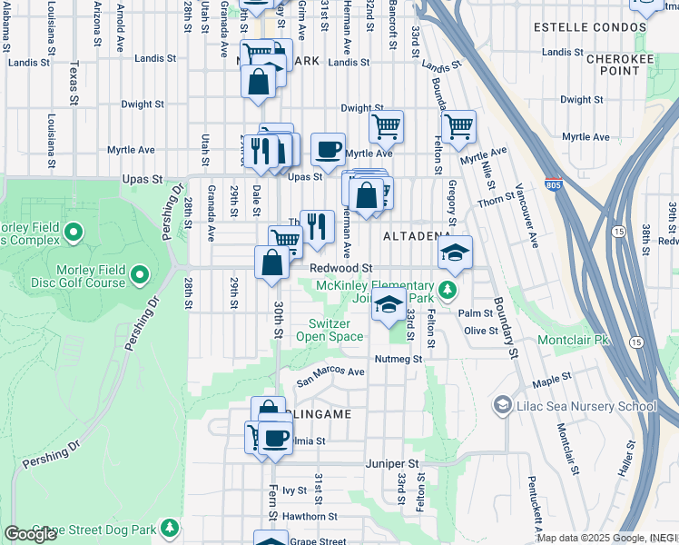 map of restaurants, bars, coffee shops, grocery stores, and more near 3129 Redwood Street in San Diego