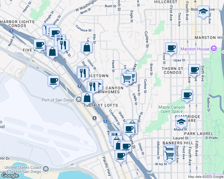 map of restaurants, bars, coffee shops, grocery stores, and more near 1040 West Redwood Street in San Diego