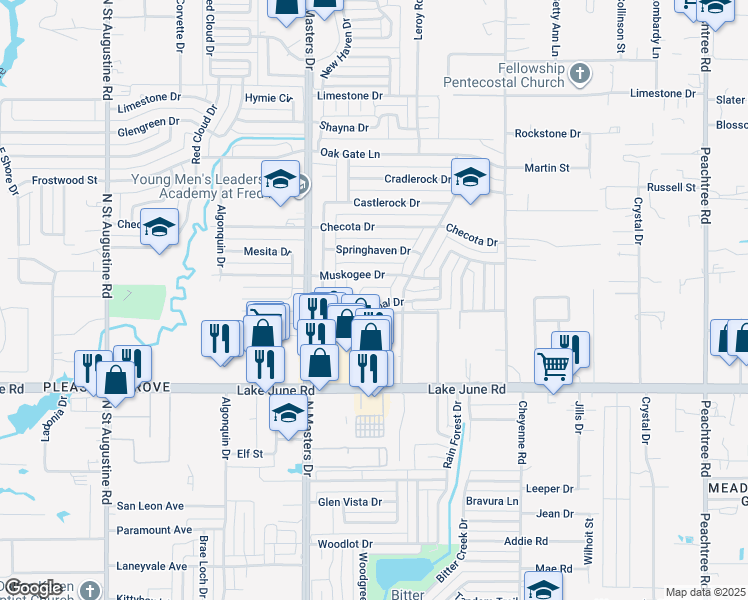 map of restaurants, bars, coffee shops, grocery stores, and more near 1418 Old Jamestown Court in Dallas