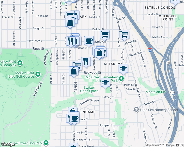 map of restaurants, bars, coffee shops, grocery stores, and more near 3129 Redwood Street in San Diego