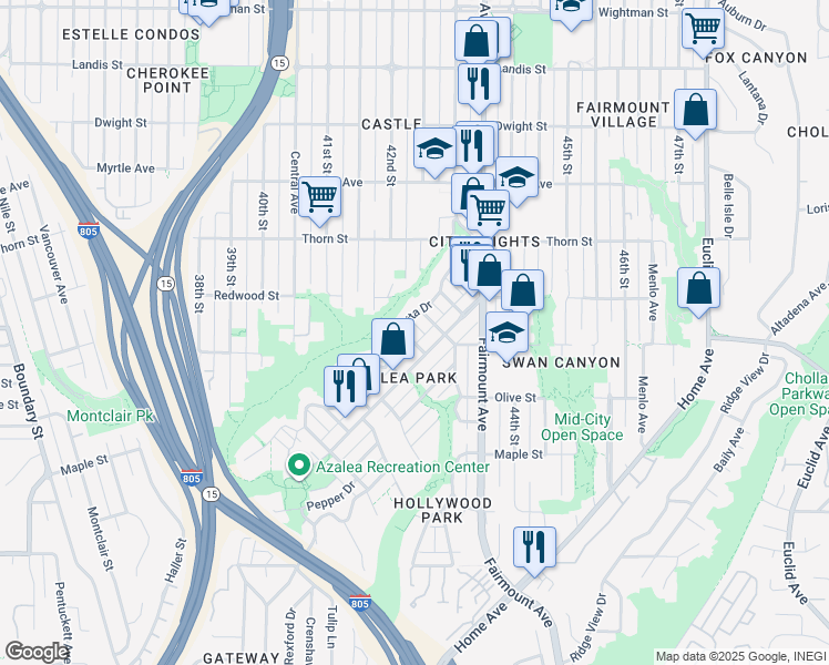 map of restaurants, bars, coffee shops, grocery stores, and more near 2931 Dahlia Street in San Diego