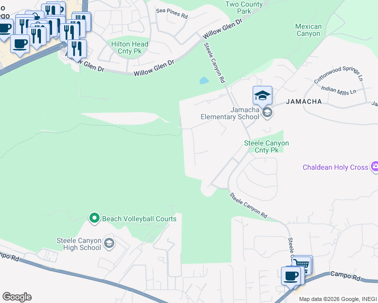 map of restaurants, bars, coffee shops, grocery stores, and more near 2898 Wildwind Drive in El Cajon