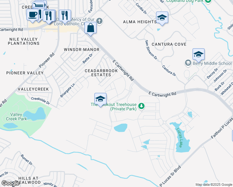 map of restaurants, bars, coffee shops, grocery stores, and more near Twin Oaks Drive in Mesquite