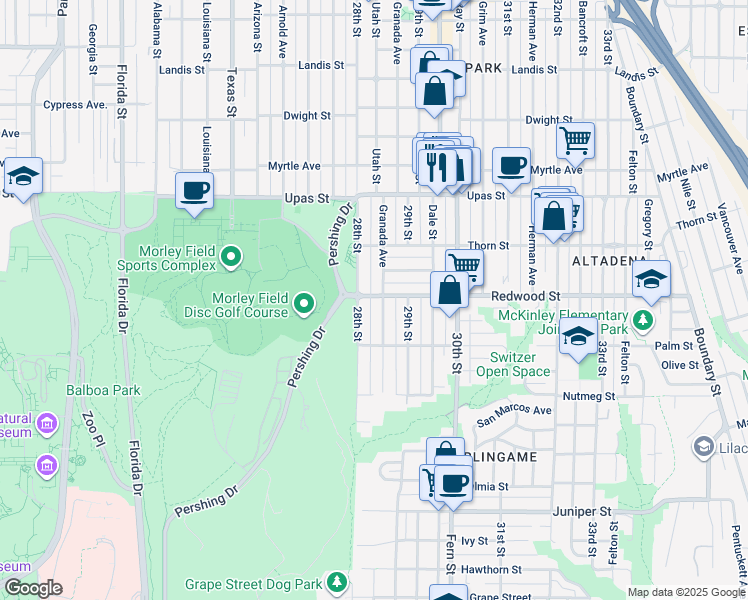 map of restaurants, bars, coffee shops, grocery stores, and more near 2825 Redwood Street in San Diego