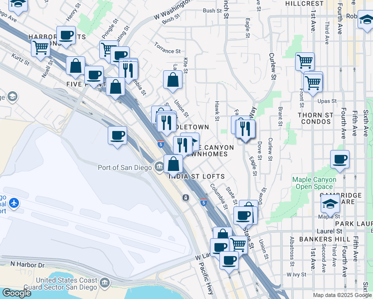 map of restaurants, bars, coffee shops, grocery stores, and more near Columbia Street in San Diego