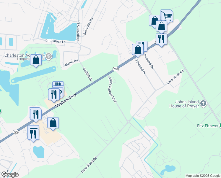 map of restaurants, bars, coffee shops, grocery stores, and more near 2030 Wildts Battery Boulevard in Johns Island