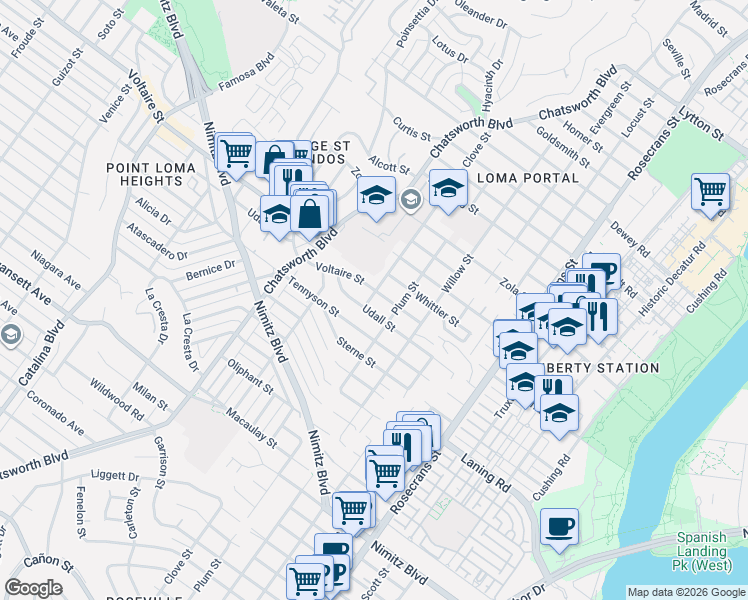 map of restaurants, bars, coffee shops, grocery stores, and more near 3422 Voltaire Street in San Diego