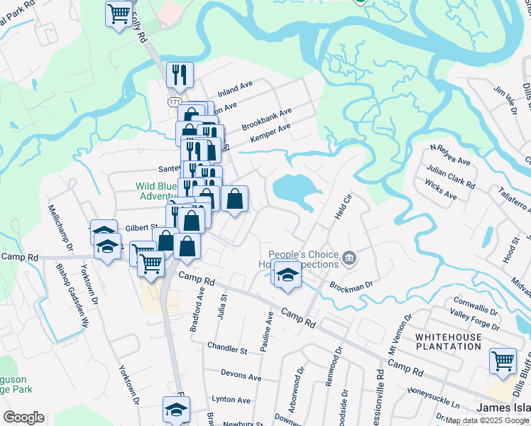 map of restaurants, bars, coffee shops, grocery stores, and more near 2 Commercial Row in Charleston
