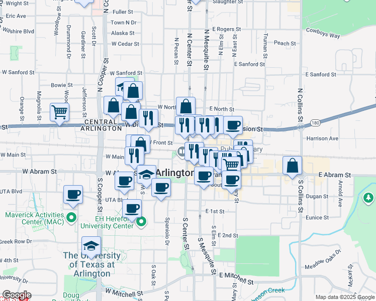 map of restaurants, bars, coffee shops, grocery stores, and more near 200 West Front Street in Arlington
