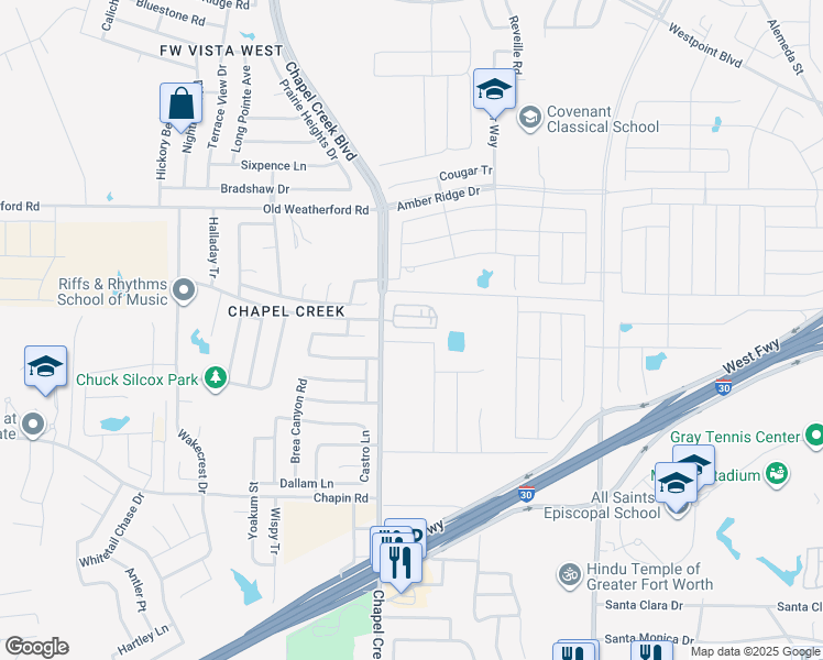 map of restaurants, bars, coffee shops, grocery stores, and more near 10200 Eureka Springs Court in Fort Worth
