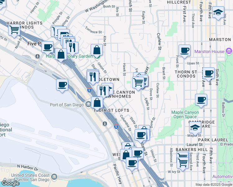 map of restaurants, bars, coffee shops, grocery stores, and more near 1143 Terracina Lane in San Diego