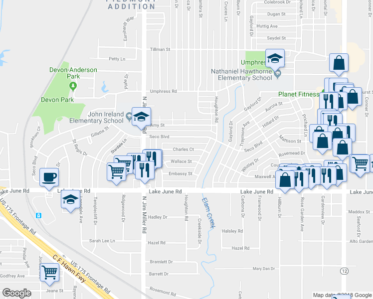 map of restaurants, bars, coffee shops, grocery stores, and more near 7302 Charles Court in Dallas