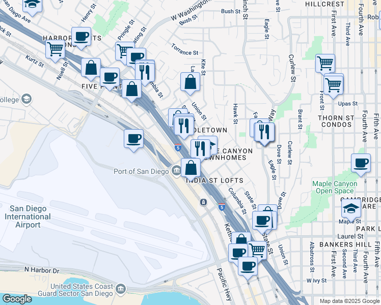 map of restaurants, bars, coffee shops, grocery stores, and more near 1501 Sassafras Street in San Diego