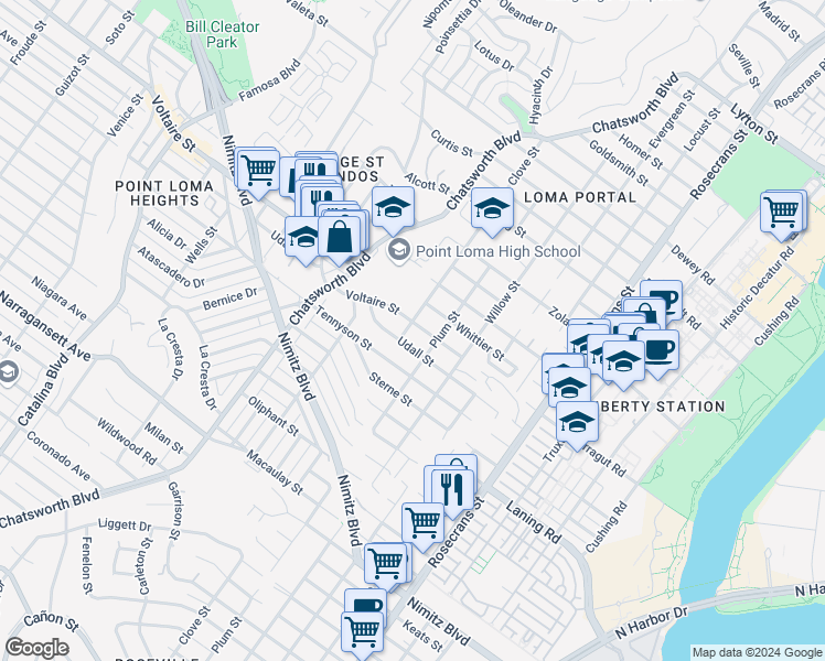 map of restaurants, bars, coffee shops, grocery stores, and more near 2175 Clove Street in San Diego