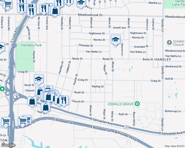 map of restaurants, bars, coffee shops, grocery stores, and more near 2855 Milam Street in Fort Worth