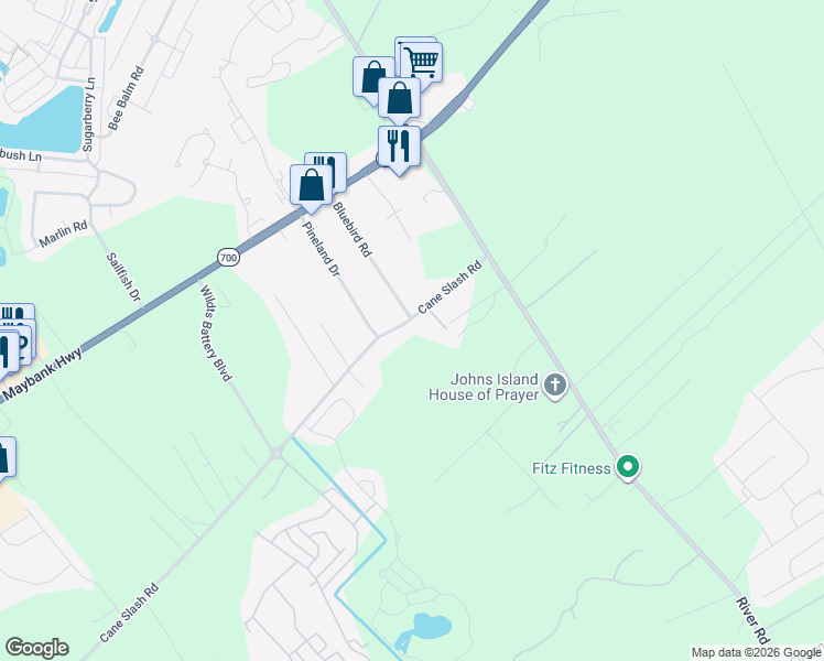 map of restaurants, bars, coffee shops, grocery stores, and more near 2865 Cane Slash Road in Johns Island