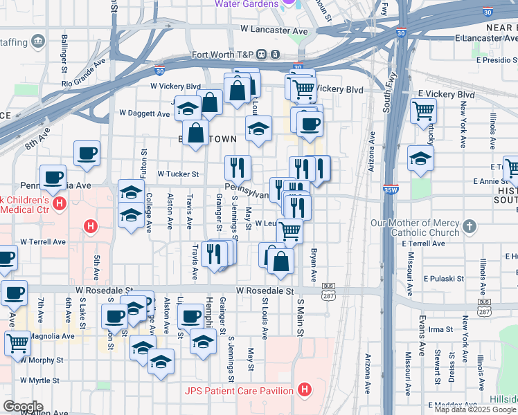 map of restaurants, bars, coffee shops, grocery stores, and more near 312 West Cannon Street in Fort Worth