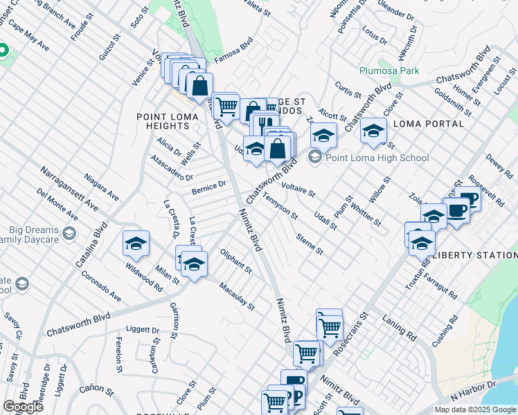 map of restaurants, bars, coffee shops, grocery stores, and more near 3662 Quimby Street in San Diego